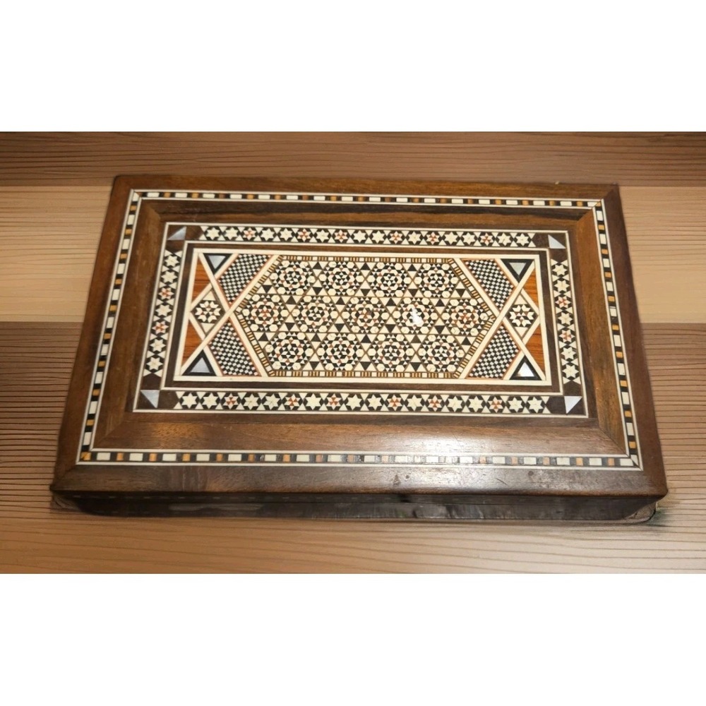 Vintage Wooden Inlay Marquetry Hinged Trinket Jewelry Box Geometric  9"x6"x2"